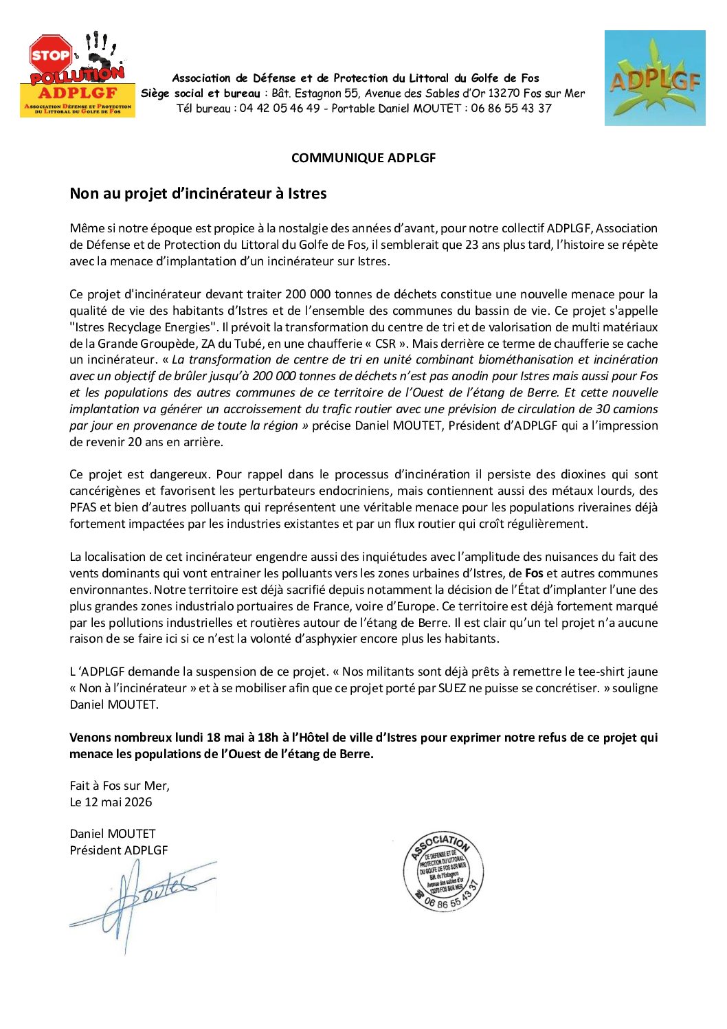 NON AU PROJET D&rsquo;INCINERATEUR A ISTRES